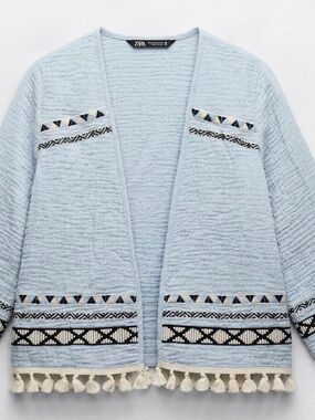 Zara Pale Blue Embroidered Tassel Open Cardigan